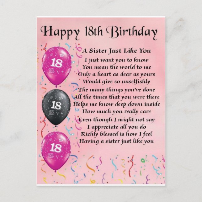 Zum 18. Geburtstag - Schwester Gedicht Postkarte (Vorderseite)
