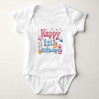 Zum 1. Geburtstag - farbenfrohe Illustration Baby Strampler