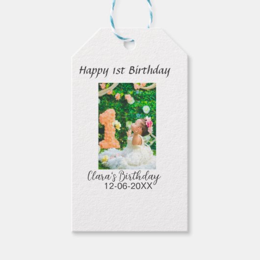 Zum 1. Geburtstag Foto schlicht und elegant Geschenkanhänger (Vorderseite)