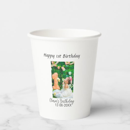 Zum 1. Geburtstag Foto schlicht und elegant Pappbecher (Vorderseite)