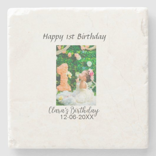 Zum 1. Geburtstag Foto schlicht und elegant Steinuntersetzer (Vorderseite)