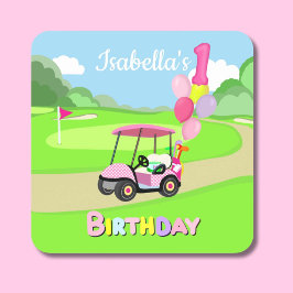 Zum 1. Geburtstag Polka Dot Pink Girly Golf Quadratischer Aufkleber