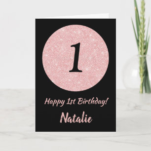 Zum 1. Geburtstag Schwarz und Rose Rosa Glitzer Karte