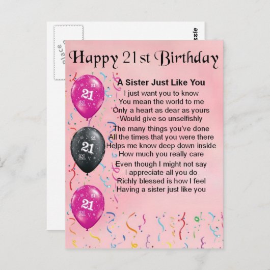 Zum 21. Geburtstag - Schwester Gedicht Postkarte (Vorne/Hinten)