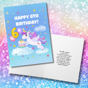 Zum 6. Geburtstag Einhorn mit Geburtstagskuchen Karte