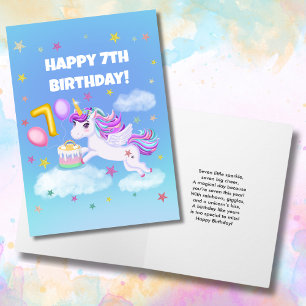 Zum 7. Geburtstag Einhorn mit Geburtstagskuchen Karte