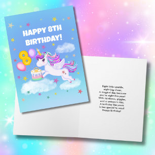 Zum 8. Geburtstag Einhorn mit Geburtstagskuchen Karte