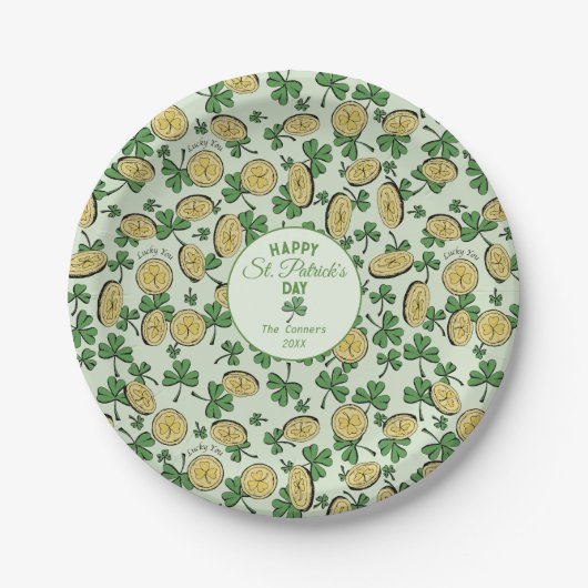 Zum Glück Coins & Green Kleeblatts St Patricks Day Pappteller (Vorderseite)