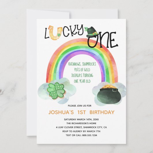 Zum Glück ein Regenbogen Kleeblatt Pot of Gold Geb Einladung (Vorderseite)