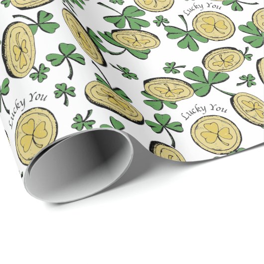 Zum Glück grüne Klee Gold Coins St Patrick's Day Geschenkpapier (Rolleneckpunkt)