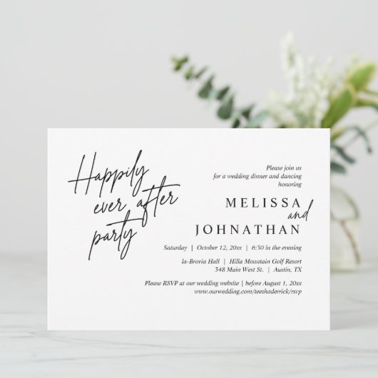 Zum Glück nach dem Party, das moderne Hochzeitsess Einladung (Stehend Vorderseite)