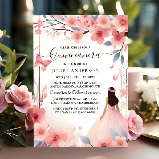 zum Holzbaum Pink Girly Cherry Blossom Quinceanera Einladung