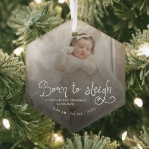 Zum Schlittenfahren geboren Baby-Foto-Geburtsstati Ornament Aus Glas