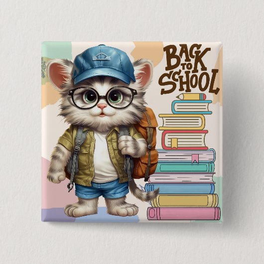 Zum Schulbeginn niedliche Katze mit Rucksack Button (Vorderseite)