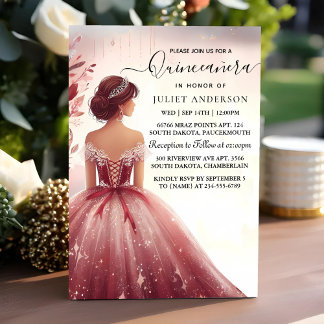Zum Silver Pum Lace Gown Boho Burgundy Quinceanera Einladung
