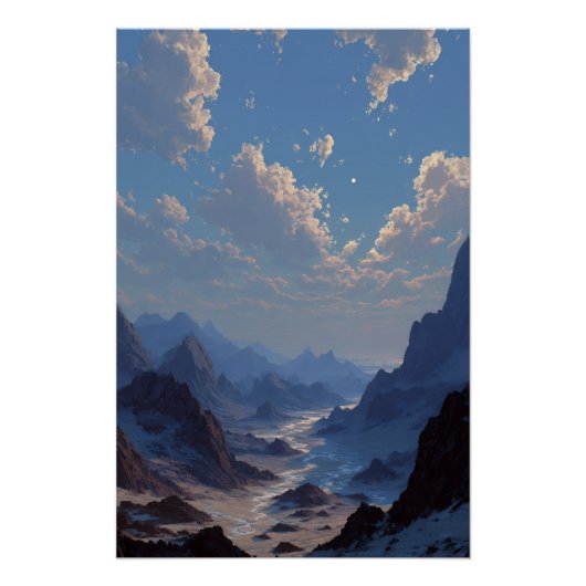 Zunehmender Mond über dem nebligen Bergtal Poster (Vorderseite)
