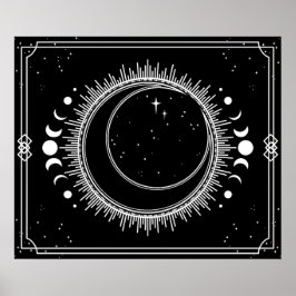 Zunehmender Mond und Sonne mit Sternen Schwarzweiß Poster