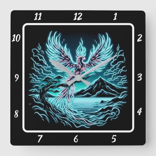 Zunehmender Phoenix über doppelte Spitzen Quadratische Wanduhr (Vorderseite)