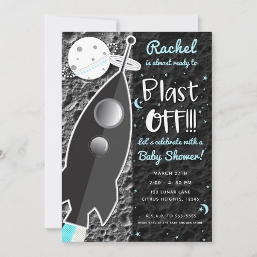 ZUR MOON Rocket Ship Space Baby Dusche Einladung (Vorderseite)