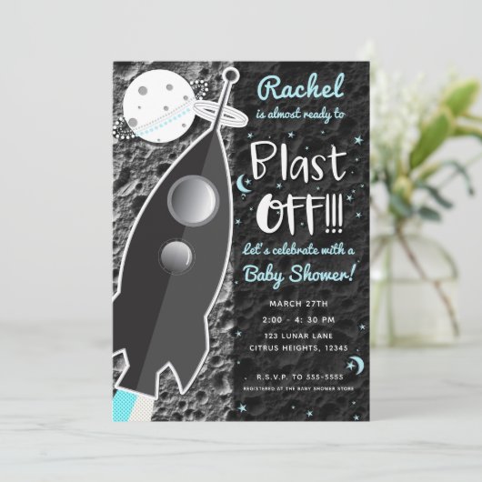 ZUR MOON Rocket Ship Space Baby Dusche Einladung (Stehend Vorderseite)