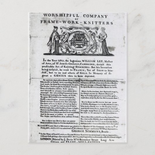 Zur Worshipful-Firma der Rahmen-Work-Knitter Postkarte (Vorderseite)