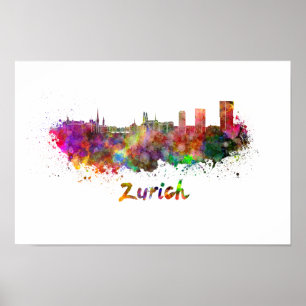 Zürcher Skyline in Aquarellfarbe Poster