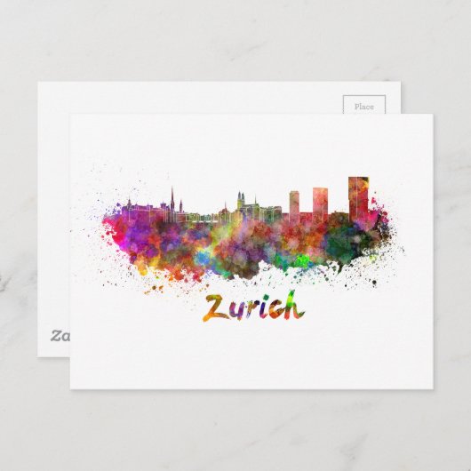 Zürcher Skyline in Aquarellfarbe Postkarte (Vorne/Hinten)