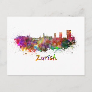 Zürcher Skyline in Aquarellfarbe Postkarte