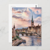 Zurich Schweiz Aquarellmalerei Postkarte (Vorne/Hinten)