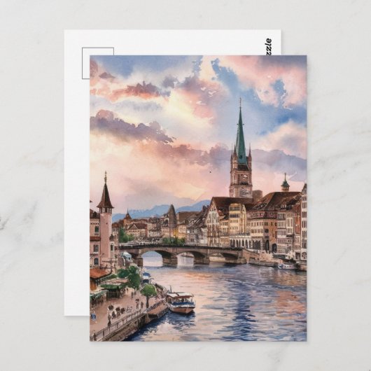 Zurich Schweiz Aquarellmalerei Postkarte (Vorne/Hinten)