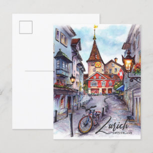 Zürich Schweiz Aquarellmalerei Reise Postkarte