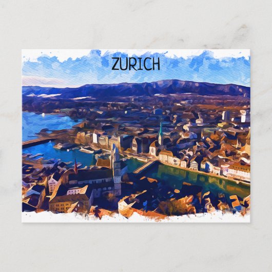 Zürich Schweiz Panoramaausblick Wasserfarbe Postkarte (Vorderseite)
