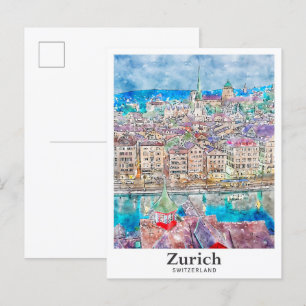 Zürich Schweiz Reise Wasserfarbe Handgezeichnet Postkarte