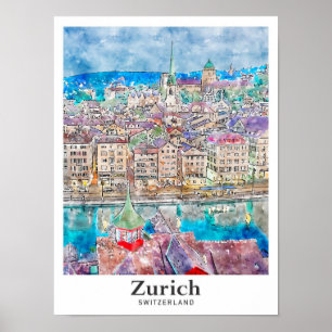 Zürich Schweiz Reisen Wasserfarben Hand Dragee Poster