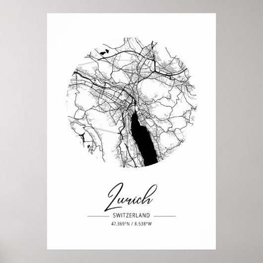 Zürich - Schweiz Schwarzes Wasser City Karte Poster (Vorne)