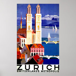 Zürich, Schweiz Stadt, Kirche, Vintage-Reise Poster