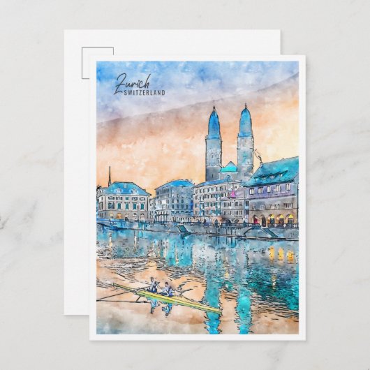 Zürich Schweiz Vintage Reise Aquarell Postkarte (Vorne/Hinten)