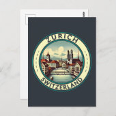 Zurich Switzerland Illustration Travel Art Abzeich Postkarte (Vorne/Hinten)