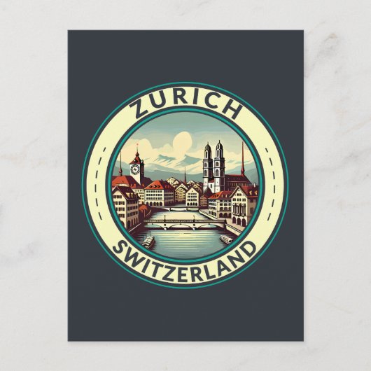 Zurich Switzerland Illustration Travel Art Abzeich Postkarte (Vorderseite)