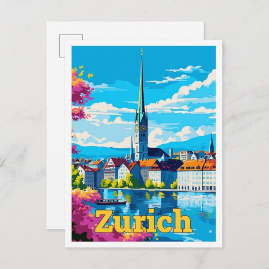 Zurich Switzerland Vintage Illustration Postkarte (Vorne/Hinten)