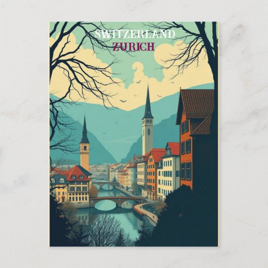 Zurich Switzerland Vintage Reisen Kunst, Dichtung  Postkarte (Vorderseite)