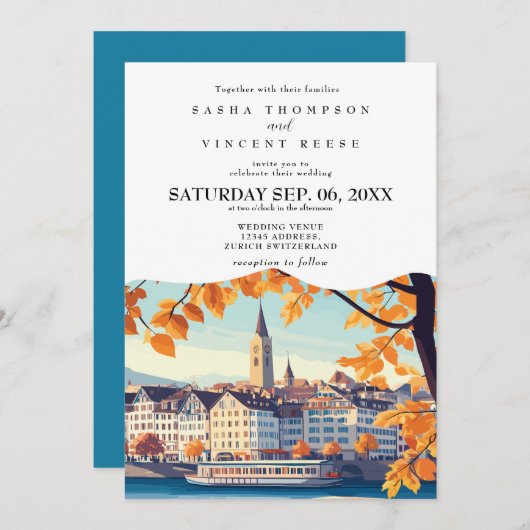 Zurich Switzerland Wedding Retro Einladung (Vorne/Hinten)