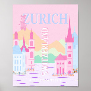 Zurich Travel Art, Schweiz, Pink Preppy Poster