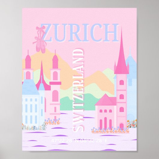 Zurich Travel Art, Schweiz, Pink Preppy Poster (Vorne)