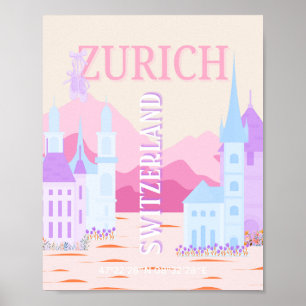 Zurich Travel Art, Schweiz, Pink Preppy Travel Poster