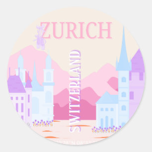 Zurich Travel Art, Schweiz, Pink Preppy Travel Runder Aufkleber