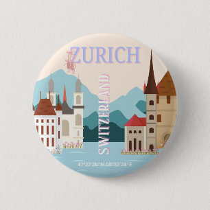 Zurich Travel Art, Schweiz Reisen Art, Retro Button