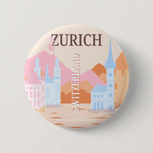 Zurich Travel Art, Schweiz, Retro Travel Art Button