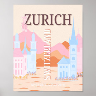 Zurich Travel Art, Schweiz, Retro Travel Art Poster