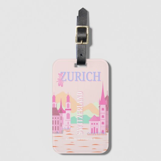 Zurich Travel Art, Schweiz, Rosa Retro Travel Gepäckanhänger (Vorderseite Vertikal)